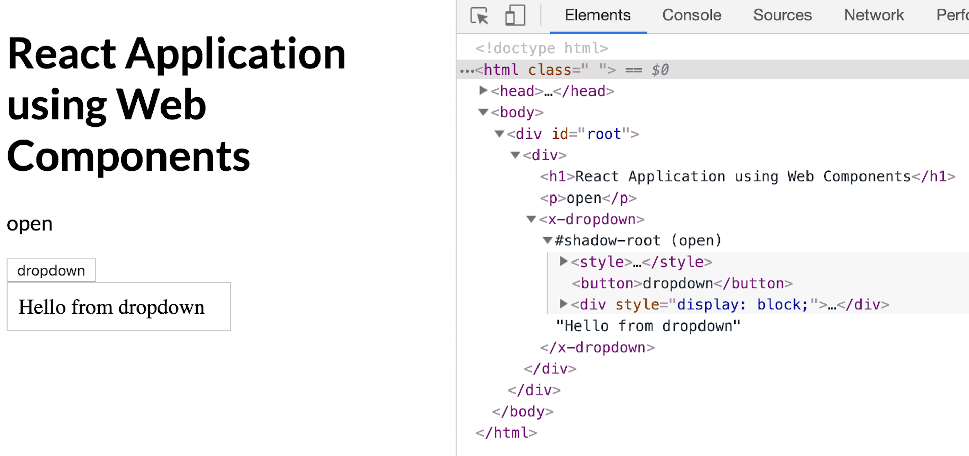 Example Web Component in React JS